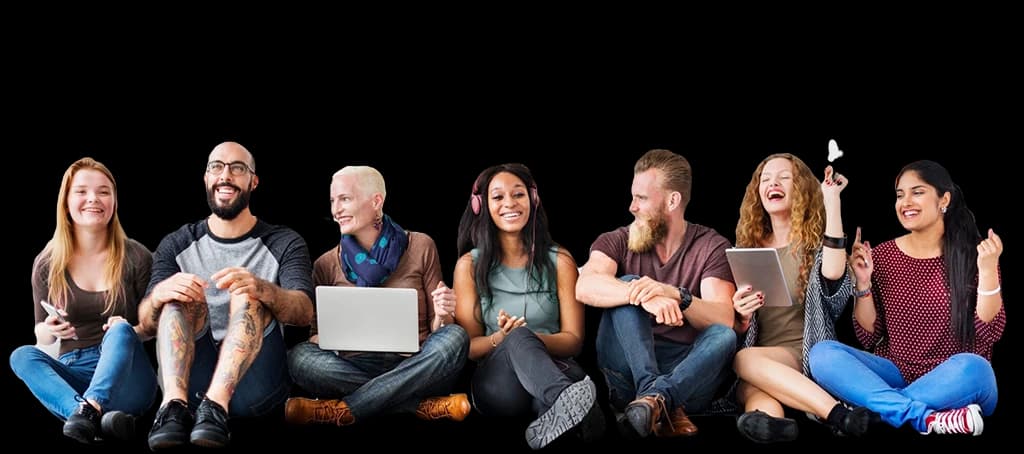 happy people with laptops and headphones